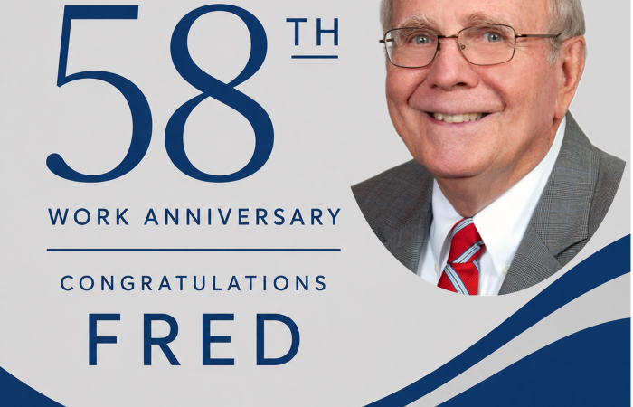 Fred with "Celebratory text saying 58th Work Anniversary