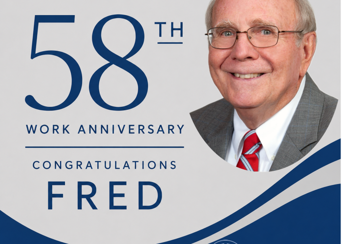 Fred with "Celebratory text saying 58th Work Anniversary